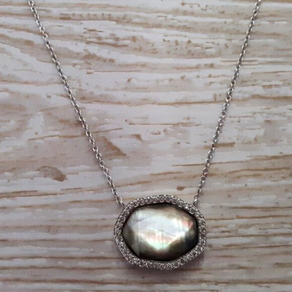 RS Covenant Black Mother of Pearl Silver Tone Necklace Faceted Gemstone Charm